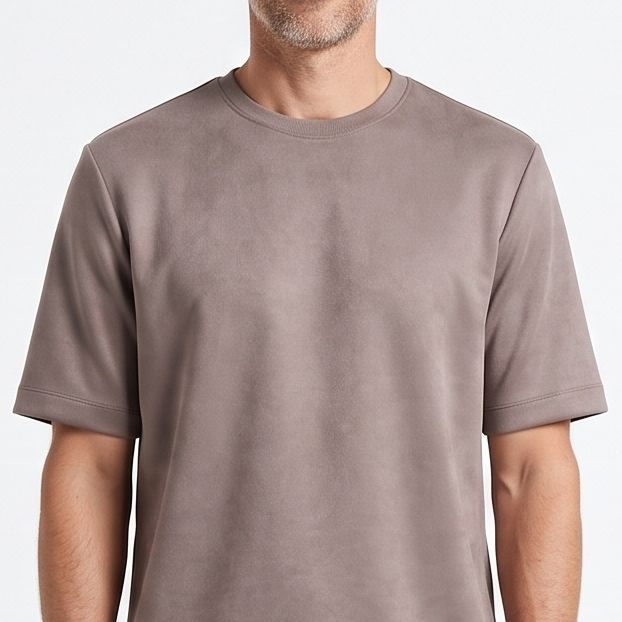 Model draagt een taupekleurige Bartlett Dress T-shirt top met korte mouwen en ronde hals