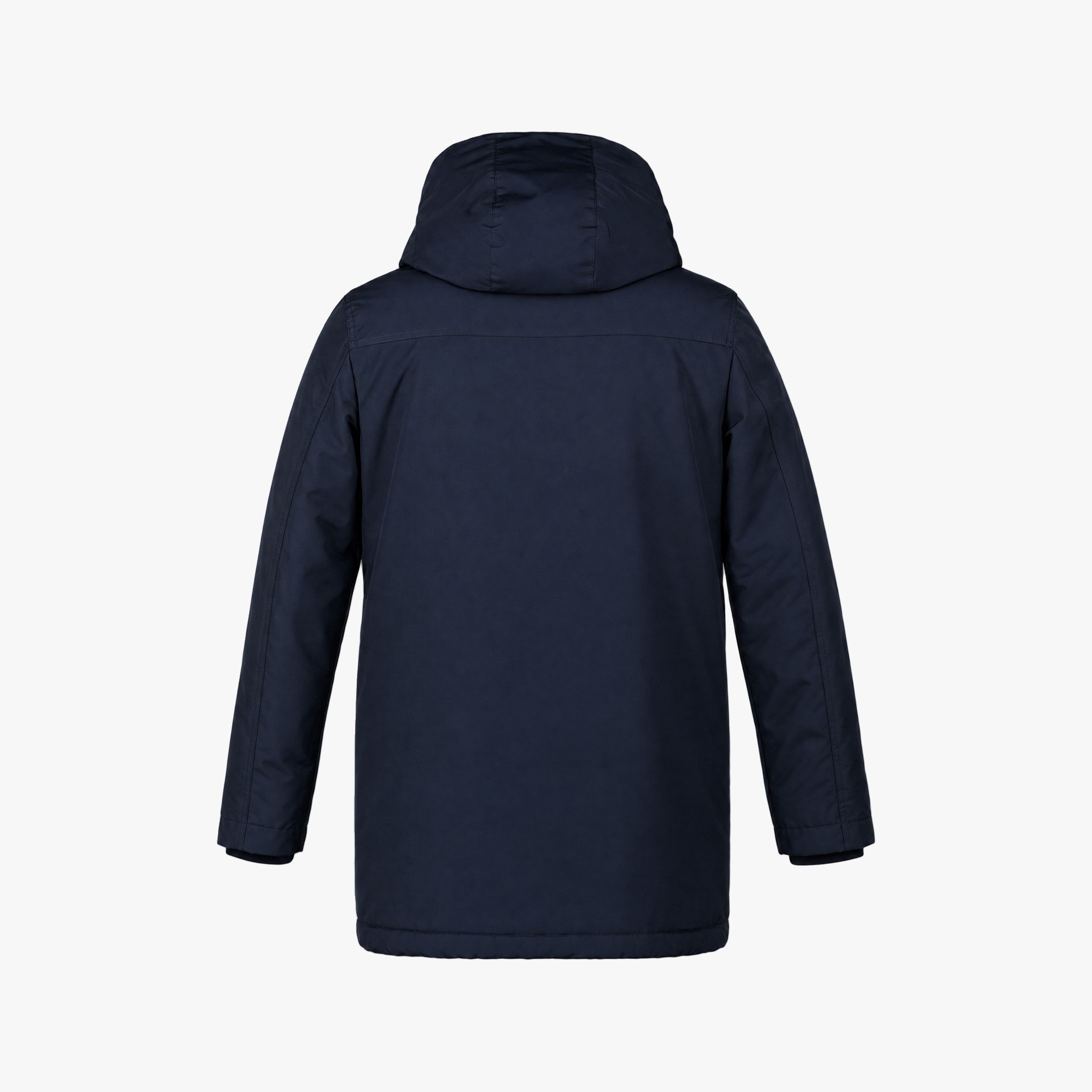 Achterkant van de donkerblauwe Bartlett jas met capuchon