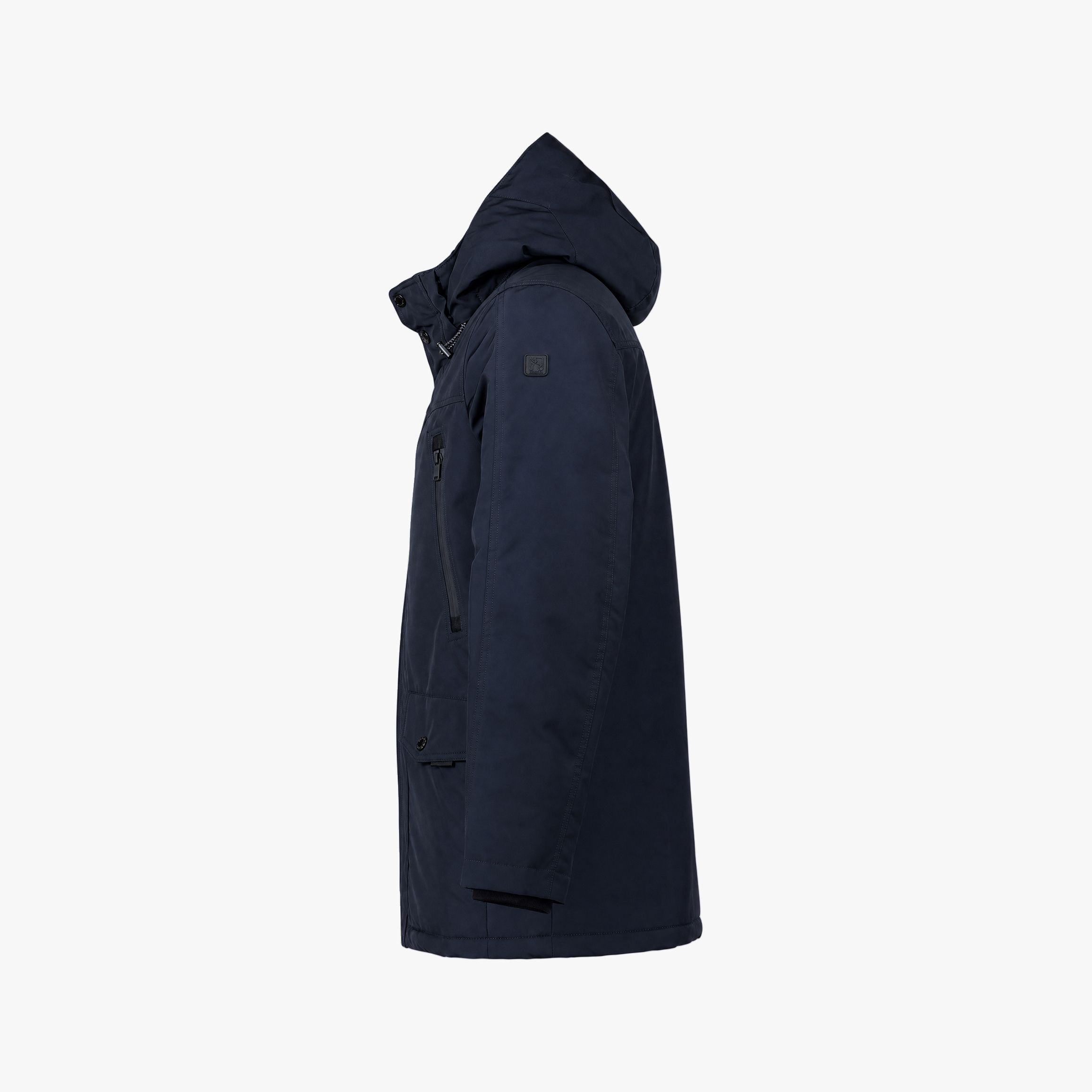 Zijaanzicht van een donkerblauwe Bartlett jas met capuchon